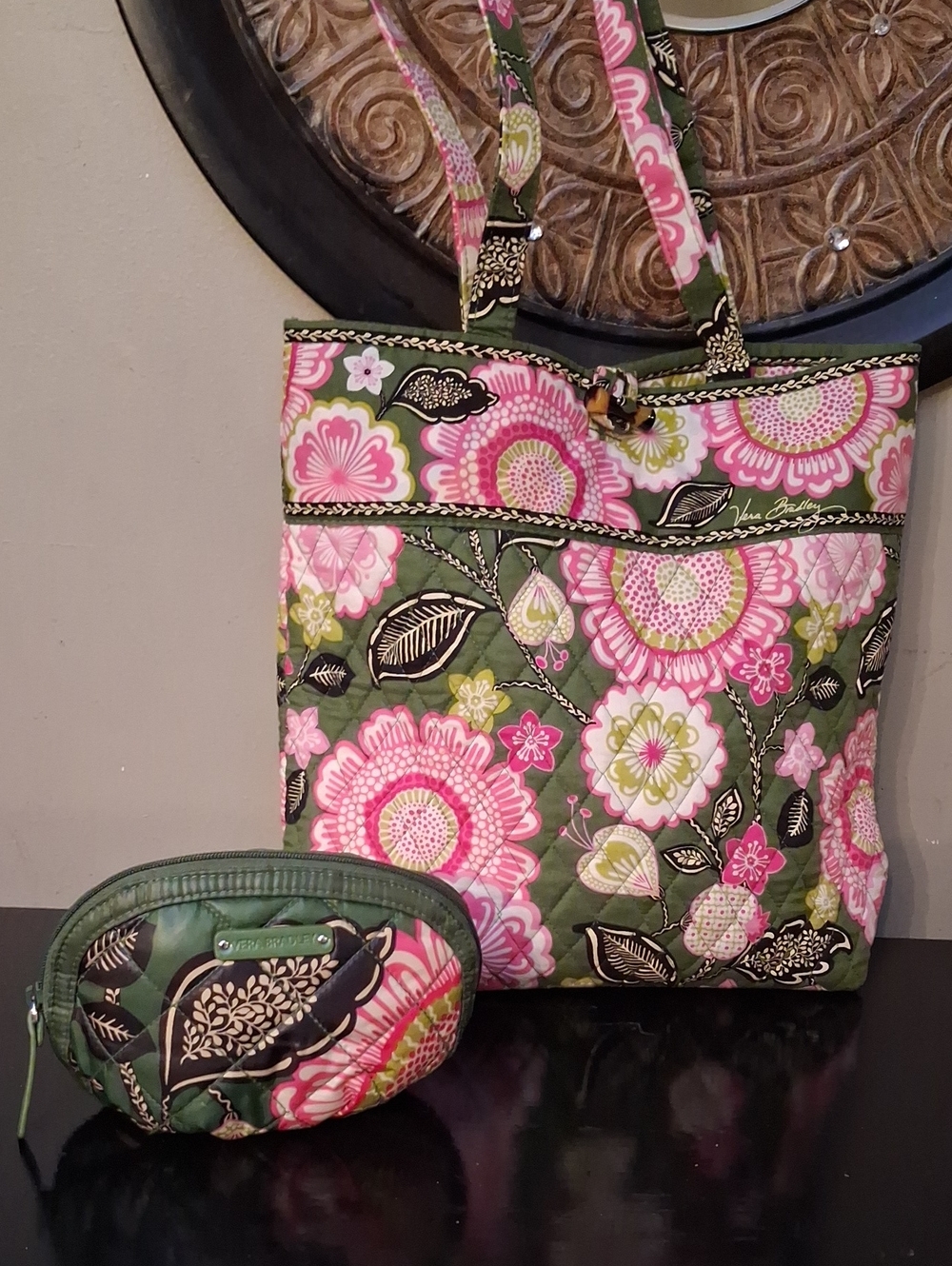 Vera Bradley Green & Pink Floral Quilted Tote Bag with Makeup Bag